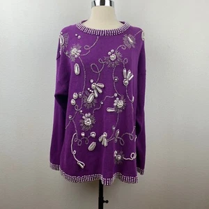 Vintage 80/90s Victoria Harbour Purple Sweater Large White Beads Art Holiday - Picture 1 of 8