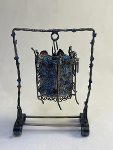 RARA antica lanterna floreale blu smaltata argento esportazione cinese fine qing leggi - Foto 1 di 9