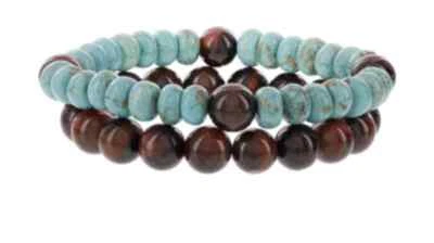 Juego de 2 Potentes Brazaletes Elásticos Curativos Cristal Nativo Turquesa Madera Cuentas  Foto 1 de 2