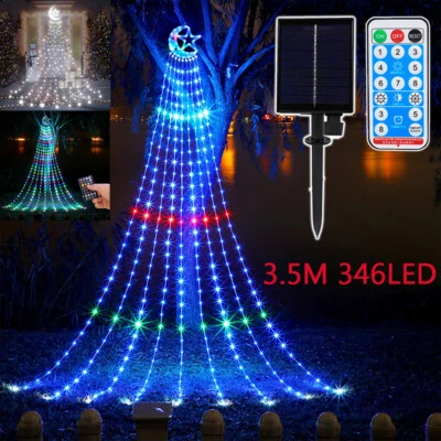 Solar 346 LED Star Waterfall String Light Christmas Tree Hanging Decor + Remote - Image 1 of 4