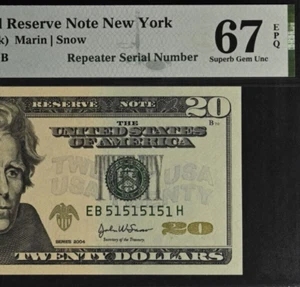 2004 $20 Federal Reserve Note PMG 67EPQ birthday fancy super repeater 51515151 - Picture 1 of 3