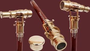Walking Stick With Brass Telescope Foldable Hidden Spy Gift Wooden Cane Nautical - Picture 1 of 7