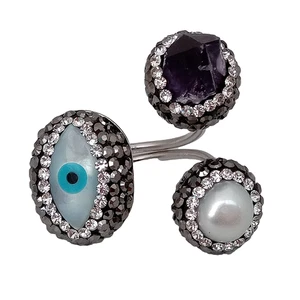 White Pearl Amethyst Druzy Evil Eye Black Rhinestone Pave Ring Adjustable - Picture 1 of 7