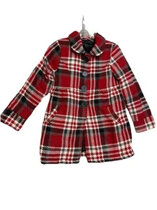 Takara Girl Size L Red Plaid Wool Blend Pea Coat Jacket Bow Pockets Lined Collar - Picture 1 of 13