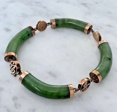 Brazalete Deslizado Símbolos Chinos Jadeíta y Oro Amarillo 10k De Colección 7.5" - 22.81g Foto 1 de 4