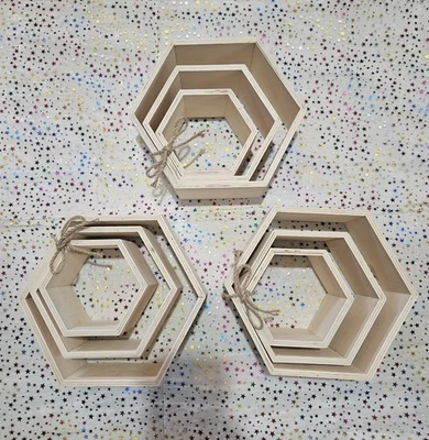 Set Of 9 Unfinished Wood Hexagon Shadowbox Shelves - Image 1 of 4