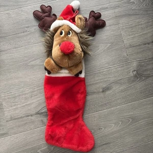 VTG Smithy 3D Plush Red Nose Reindeer Moose Christmas Stocking Santa Hat flaws** - Picture 1 of 15