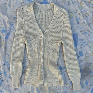 Vintage 1930s Cream Wool Knit Cardigan Sweater Cinched Waist Ciné Sweater Coat - Picture 1 of 17