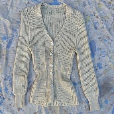 Vintage 1930s Cream Wool Knit Cardigan Sweater Cinched Waist Ciné Sweater Coat - Image 1 of 4