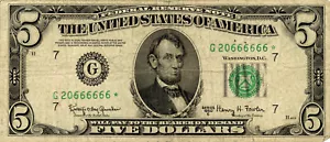 1950-E $5 Chicago, IL FRN Granahan & Fowler S/N G20666666 Fr. #1966* - Repeater - Picture 1 of 2