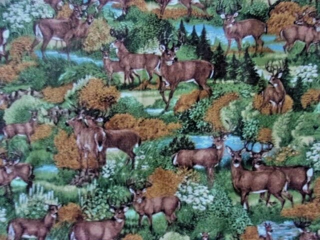 DEER  BUCK & DOE IN FOREST VINTAGE QUILT QUALITY COTTON FABRIC 32" X 44" 7/8 YD - Image 1 of 2