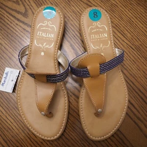 New ITALIAN SHOEMAKERS Tan Faux Leather /Fabric Flat Thong Sandals Size 8 - Picture 1 of 5