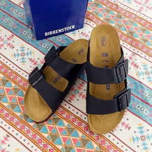 New Unisex Birkenstock Arizona Black Shoes Soft Footbed leather Sandals EU37-45 - Picture 1 of 9