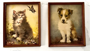 Vintage Florence Kroger Collie Welpe Kätzchen Schmetterling Blumen Kunst Litho Druck Paar - Bild 1 von 7