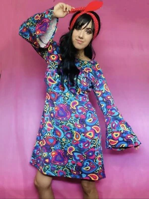Mini Vestido Estampado Corazón Manga Campana Psicodélico Arco Iris Vintage Años 90 a 60 Foto 1 de 4