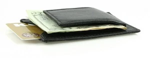 Black Leather Magnetic Money Clip Credit Slot Wallet Magnetic Flat Front Pocket - Picture 1 of 7