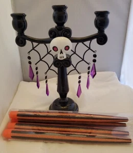  Halloween Candelabra black 3 Metal Candlestick Holder skull spiderweb /candles - Picture 1 of 14