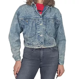 Vintage BONJOUR S/M 1980s Acid Wash Denim Jean Crop Trucker Jacket Women Fall - Picture 1 of 24