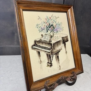 Framed Grand Piano Floral Cross Stitch Vintage - Picture 1 of 6