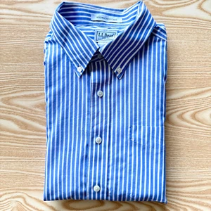 L.L.Bean Short Sleeve Shirt Mens Large Blue 26" Pit-to-Pit Designer Striped Logo - Picture 1 of 9