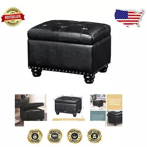 Elegant 24" Black Faux Leather Storage Ottoman with Hinged Lid & Footrest - Picture 1 of 12