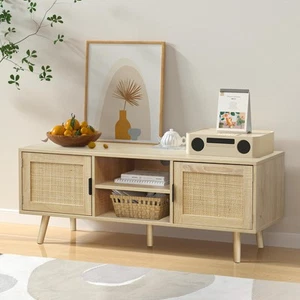 Farmhouse Rattan TV Stand Modern Wood Media Entertainment Center Console Tabl... - Picture 1 of 9