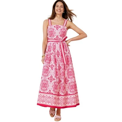 Talbots Dress Womens 10 Petite Pink White Midi Tie Waist Mosaic Tile Square Neck - Image 1 of 4