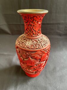 Chinese Carved Cinnabar Lacquer Vase Qing Dynasty 19th C