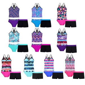 Girls' Summer 3 Piece Swimsuit Swim Tops Bottoms Boyshort Tankini Set Swimwear - Picture 1 of 110