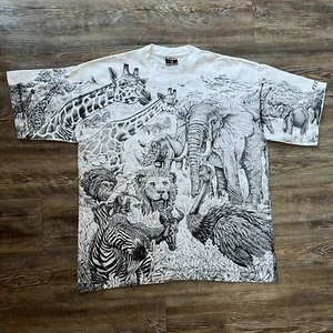 Vintage AOP Florida Zoo BW All Over Print Lion Giraffe Elephant Zebra Monkey Tee - Picture 1 of 9