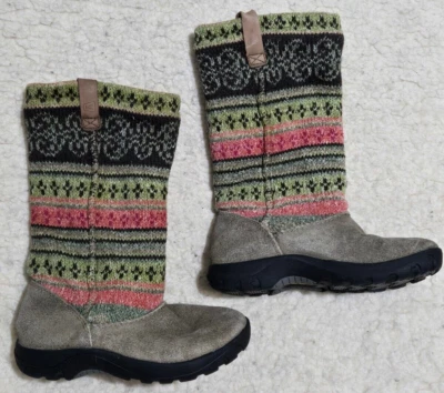 Keen Kid's Auburn Boots Girls Size 13 Suede Tan Brown Green Design Knit Winter - Image 1 of 4