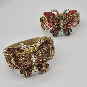 Crystal Butterfly Cuff Bracelet Set (2) Multicolor Rhinestones Clamper Style - Picture 1 of 9