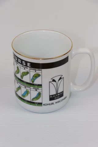 Blackwolf Run River Course Kohler Wisconsin Coffee Mug Cup Black White Gold Rim Cover