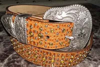 Cinturón ARIAT Cuero Tachonado Bling Adornado Caramelo Marrón Western Boho Rodeo 38 Foto 1 de 4