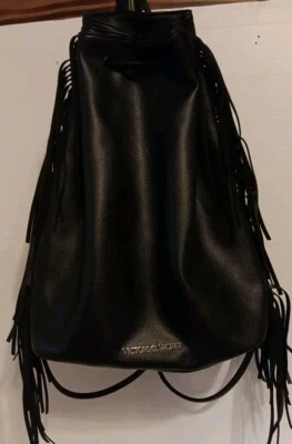 Victoria’s Secret Fashion Fringe Drawstring Backpack Faux Leather Black Pusre - Image 1 of 4