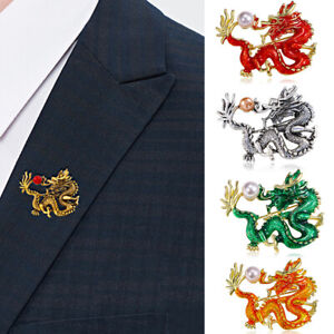 Vintage Chinese Dragon Pearl Brooch Pin Lapel Suit Collar Badge Jewelry Gift