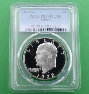 1972 S PCGS PR 69 D-Cam Eisenhower Silver Dollar Coin, Apollo 11 Insignia Rev - Picture 1 of 6