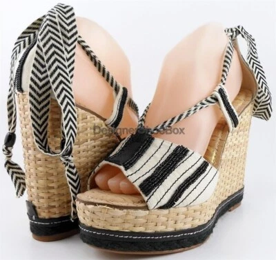 $175 SAM EDELMAN TREY Contas de Lona Preto Branco Designer Plataforma Wedges 9.5 - Imagem 1 de 4