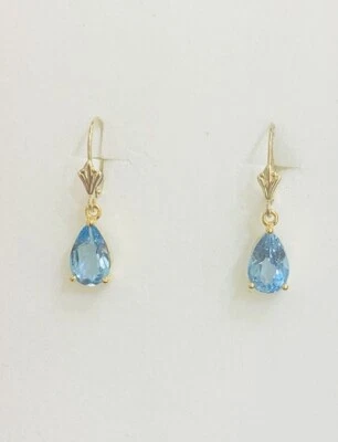 14K Solid Yellow Gold Level Back Earrings With Pear Blue Topaz 2.35GM(4.89CT) - Image 1 of 4