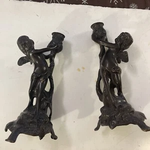 Antique Pair of Century-Old Bronze Angel Candlestick Holder From The France Art - Picture 1 of 12