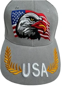 USA Flag and Eagle Embroidered Patriotic Baseball Cap Black H&L Closure Gray - Picture 1 of 7