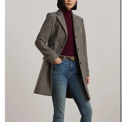Lauren Ralph Lauren Women wool blend reefer long Houndstooth Trench Coat 14 NWOT - Image 1 of 4