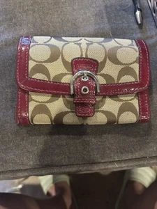 Coach Soho Signature Canvas Leather Wallet Brown And Burgundy  - Picture 1 of 2