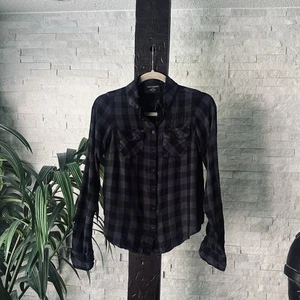 Harley-Davidson Dark Grey Black Plaid Flannel Crop Shirt Size XS - Picture 1 of 6