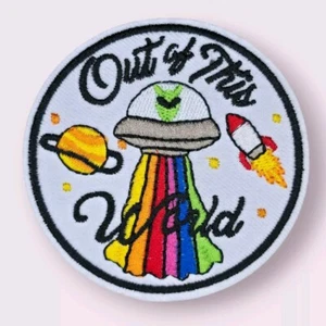 OUT OF THIS WORLD ALIEN UFO ROCKET SHIP OUTER SPACE COSMOS ART IRON ON PATCH 3" - Picture 1 of 5