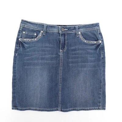 Earl Jean Denim Skirt Womens 12 Petite Blue Short Embroidered Embellished Stud - Image 1 of 4