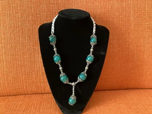 Beautiful Green Round Marble Metal and White Beaded Necklace - Picture 1 of 17