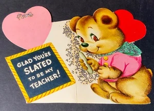 VTG Valentine Card Anthropomorphic Teddy Bear Glad Youre Slated To Be My Teacher - Picture 1 of 2