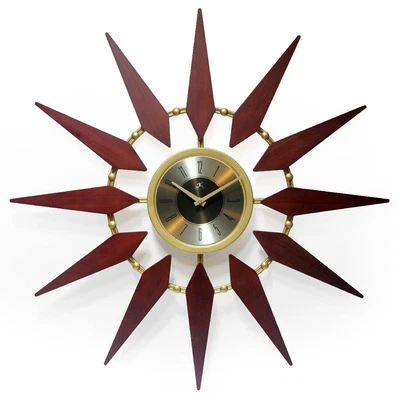 Retro Mid Century Vintage Gold Walnut Sunburst Wall Mount Old Time Clock Decor - Image 1 of 4