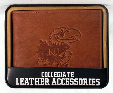 Kansas KU Jayhawks Embossed Leather Billfold Wallet NEW in Gift Tin Cover